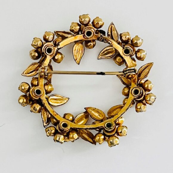 Vintage Floral Wreath Brooch Pin Rhinestone Flowers Gold Tone Leaves - Picture 4 of 5